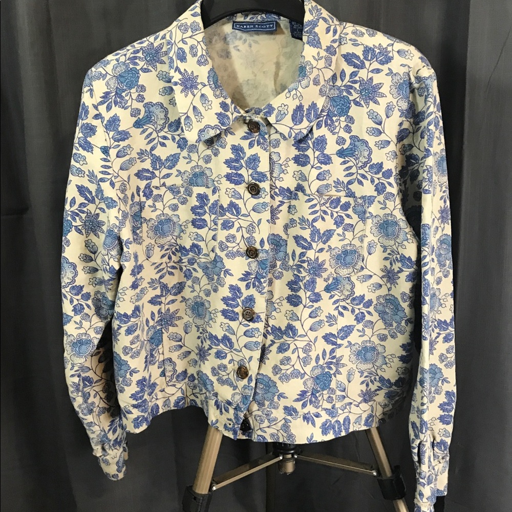 Karen Scott linen blend jacket, blue & natural